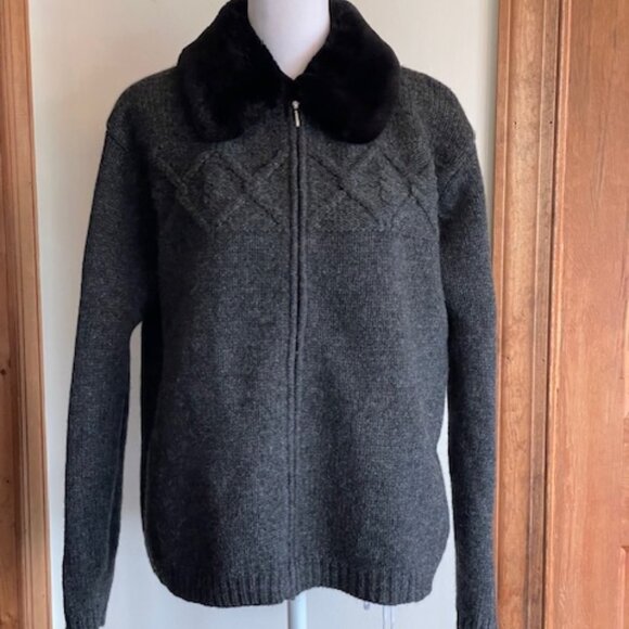 TALBOTS Faux Fur Nordic Lambs Wool Zip Front Removable Collar Cardigan Sweater M - Picture 1 of 17